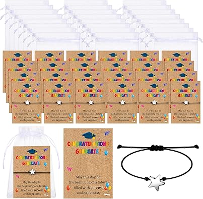 Photo 1 of Thinkday 30 Set Graduation Gifts Pentagram Kindergarten Graduation Bracelet with Card Organza Bag Jewelry Bag 4 x 6 Inch Small Gift Bag with Drawstring Wedding Gift Bracelet for Girl(Fresh Style)
