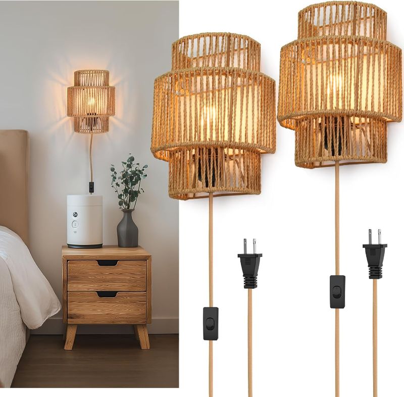 Photo 1 of Plug-in Wall Sconces Set of 2, Handwoven Bohemian Wall Decor with Switch, Wall Lights Fixtures for Bedroom Living Room Hallway Porch
