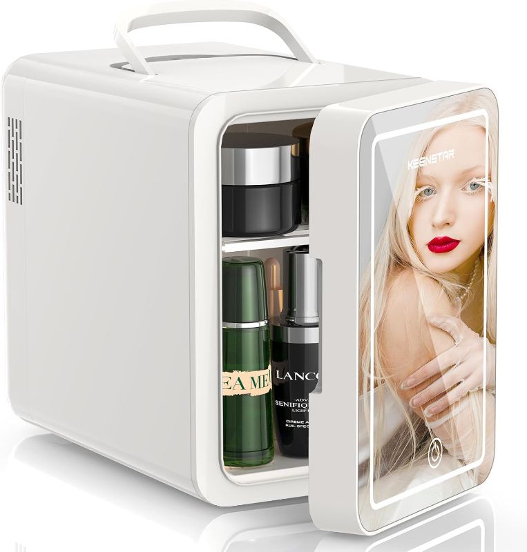 Photo 1 of KEENSTAR Mini Skincare Fridge (6L/8 Can) with Dimmable LED Mirror, Cooler & Warmer for Bedroom, Cosmetics, Office, Dorm and Car, Portable Personal Refrigerator for Cosmetics, Skincare and Food, White
