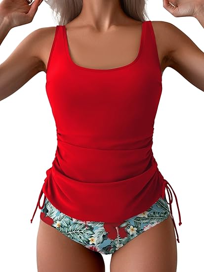 Photo 1 of (Size L) B2prity Tummy Control Tankini Swimsuit for Women Ruched Two Piece Bathing Suit Drawstring Swimwear with Bottom
