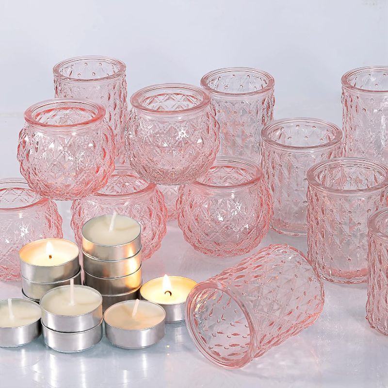 Photo 1 of DARJEN 12Pcs Pink Votive Candle Holders with 12Pcs Tea Lights Candles-Glass Candle Holders Bulk for Flameless Tea Waxes, Romantic Candle Holder for Wedding & Parties, Home Table Decor
