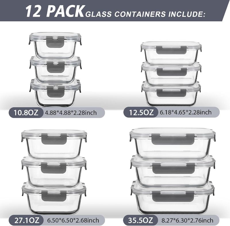 Photo 1 of 12 Pack Glass Food Storage Containers with Lids, Glass Meal Prep Containers Set with Leak Proof Lids, Airtight Lunch Container for Kitchen, Microwave, Oven, Freezer, Dishwasher Safe, Bpa free
