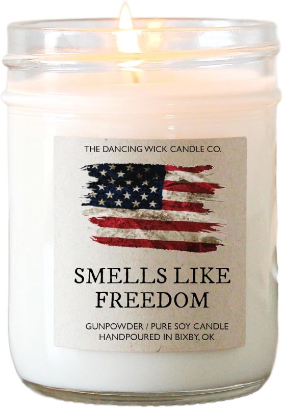 Photo 1 of The Dancing Wick Smells Like Freedom Candle, 8oz, Handcrafted Soy Wax, Gunpowder, Vanilla, Musk Scent, Made The in USA - 4th of July Patriotic Gift Décor (Smells Like Freedom)
