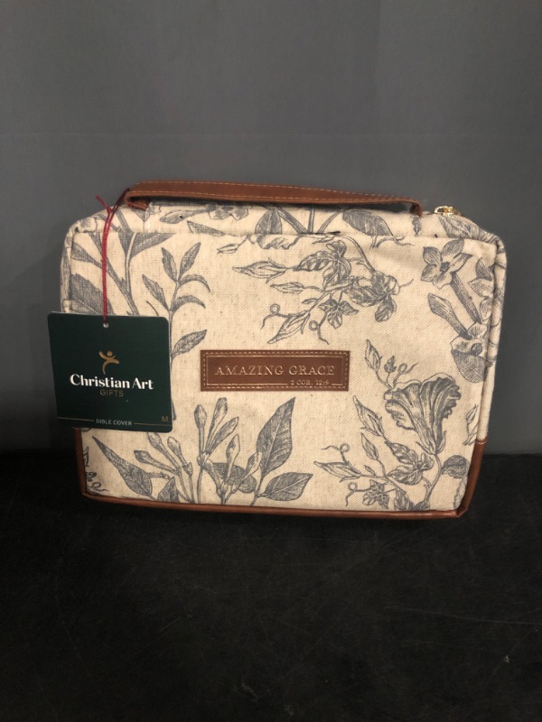 Photo 1 of Christian Art Gifts Women's Premium Natural Canvas Vegan Leather Fashion Bible Cover: Amazing Grace - Inspirational Scripture, Sturdy Protective Book Carry Case Accessory, Creamy Brown Floral, Large
