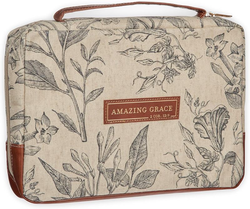 Photo 1 of Christian Art Gifts Women's Premium Natural Canvas Vegan Leather Fashion Bible Cover: Amazing Grace - Inspirational Scripture, Sturdy Protective Book Carry Case Accessory, Creamy Brown Floral, Large
