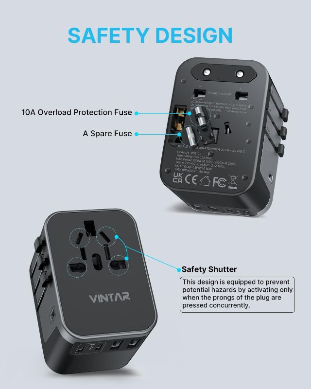Photo 1 of Universal Travel Adapter, VINTAR International Power Adapter with 6A 3 USB C and 2 USB Ports, All in One Travel Essentials Plug Adapter, Worldwide Outlet Converter for Europe UK USA AUS(Type C/G/A/I)
