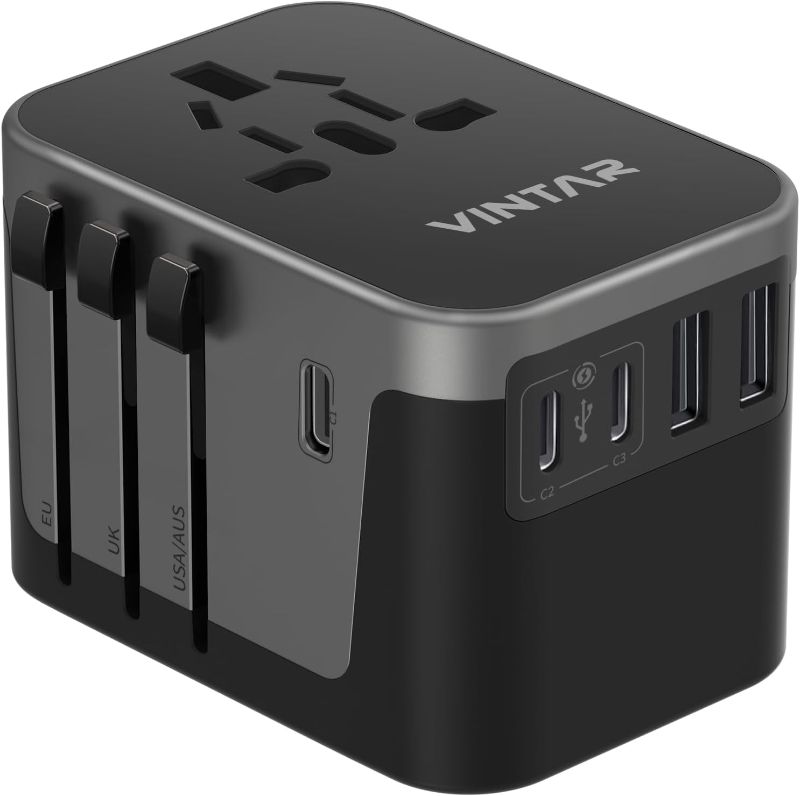 Photo 1 of Universal Travel Adapter, VINTAR International Power Adapter with 6A 3 USB C and 2 USB Ports, All in One Travel Essentials Plug Adapter, Worldwide Outlet Converter for Europe UK USA AUS(Type C/G/A/I)
