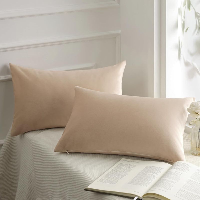 Photo 1 of Phantoscope Pack of 2 Velvet Decorative Throw Decorative Pillow Cover Soft Solid Square Cushion Case for Couch Beige 12 x 20 inches 30 x 50 cm
