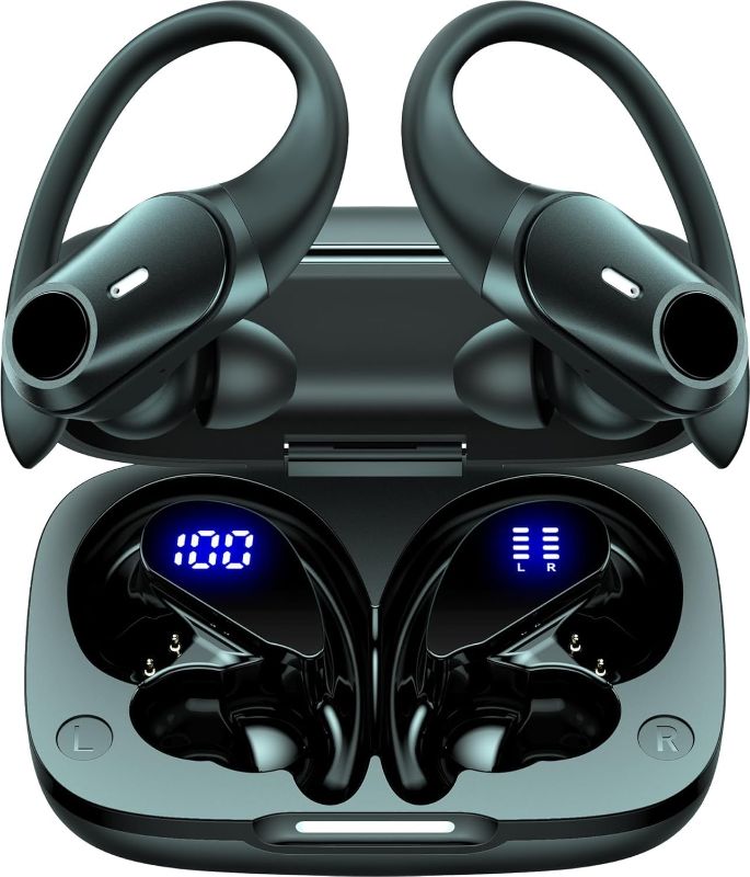 Photo 1 of GOLREX Active Noise Cancelling Ear Buds Wireless Earbuds Bluetooth Headphones with 80H Playtime LED Display Charging Case, Over Ear Earphones with Hooks for Sports Running Gym Workout Black
