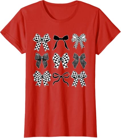 Photo 1 of (Size Large) Coquette Bow Checkered Flag Race Car Racing Women Cute T-Shirt
