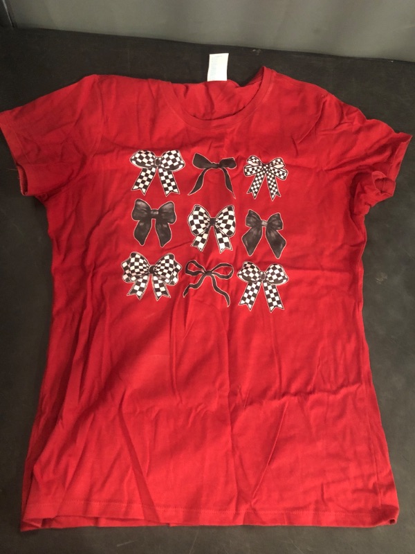 Photo 1 of (Size M )Coquette Bow Checkered Flag Race Car Racing Women Cute T-Shirt
