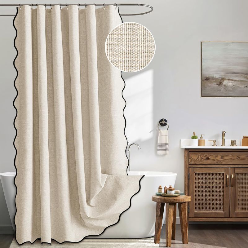 Photo 1 of MIULEE 84" Long Scalloped Shower Curtain Linen Textured with 12 Metal Hooks Cute Extra Long Heavy Duty Washable Waterproof Cloth Shower Curtains with Black Border for Bathroom Bathtub,Cream Beige
