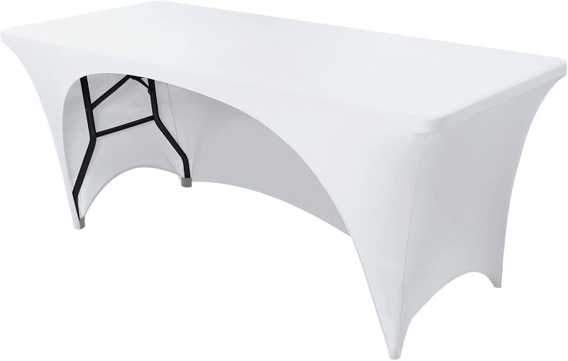 Photo 1 of FestiCorp White Fitted Table Cover for 6 Foot Table, Open Back Stretch Table Clothes for Party, Banquets, Events, Trade Show
