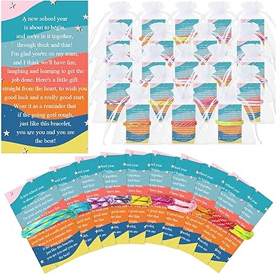 Photo 1 of Liliful 30 Set Back to School Bracelets Neon Friendship Bracelets Adjustable Rope Woven Bracelets Quotes Greeting Cards Bags for Students First Day of School Classroom Gifts from Teachers
