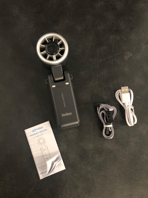Photo 1 of Diveblues Portable Handheld Turbo Fan, 5 Gear Wind, Battery Operated, Up to 12 Working Hours, 3 IN 1 Hand Fan with Air Turbo Tech Cooling Fan for Outdoor Activities, Travel, Working, Obsidian black
