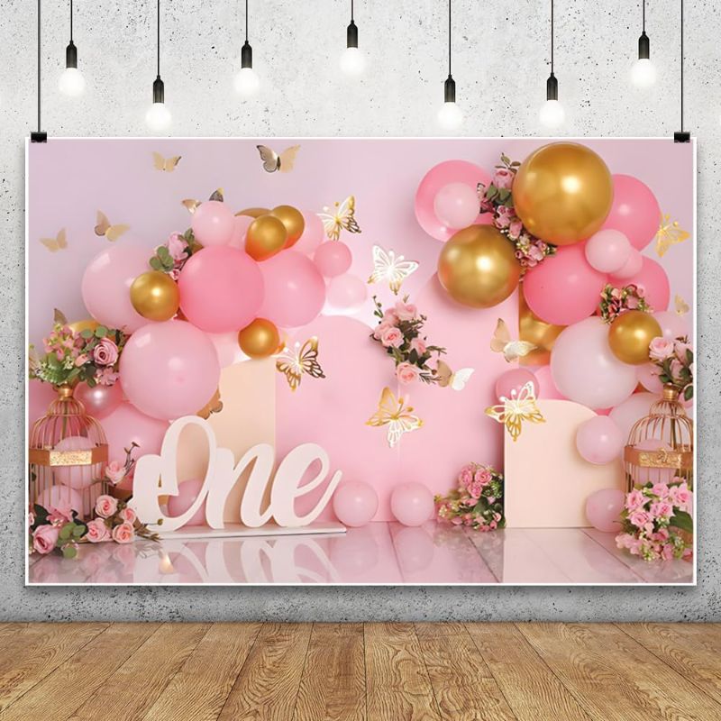 Photo 1 of 12x6ft First Birthday Backdrop for Girl Pink and Gold Butterfly Balloons 3D Photography Background Girl's 1st Birthday Party Decorations Newborn Baby Shower Cake Table Photo Booth Banner Props
