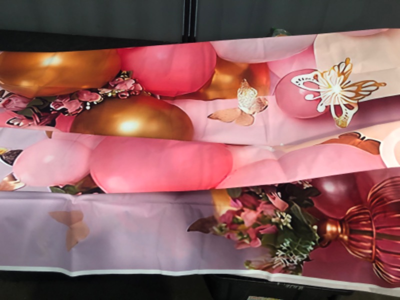 Photo 1 of 12x6ft First Birthday Backdrop for Girl Pink and Gold Butterfly Balloons 3D Photography Background Girl's 1st Birthday Party Decorations Newborn Baby Shower Cake Table Photo Booth Banner Props
