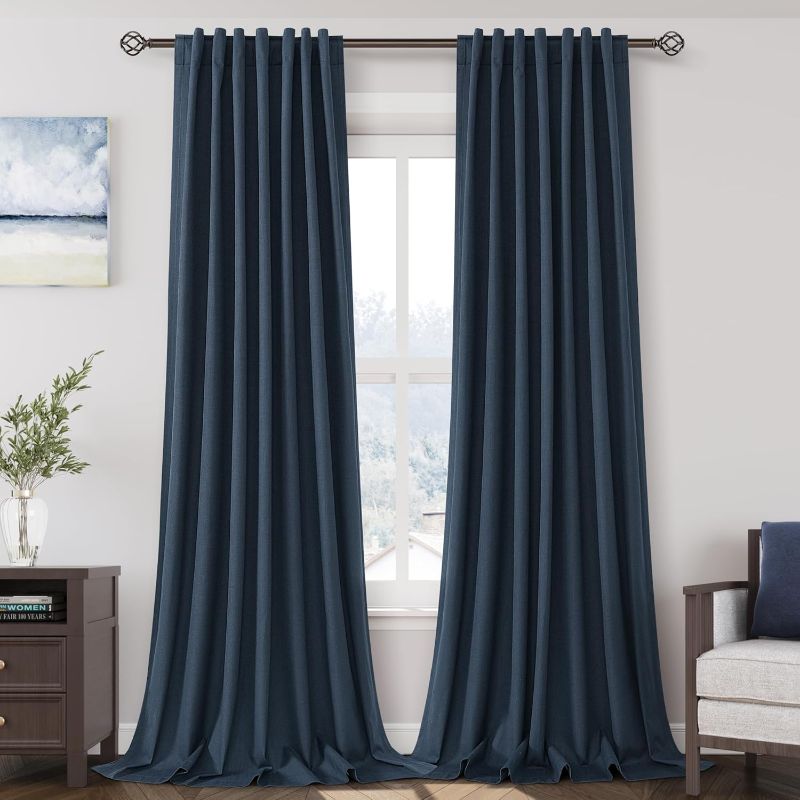 Photo 1 of Vintage Blue Linen Blackout Curtains 108 Inches Long 2 Panel Set for Living Room Back Tab Pocket Drapes Cotton Textured Room Darkening Light Blocking Curtain for Bedroom Cottage High Window 52x108
