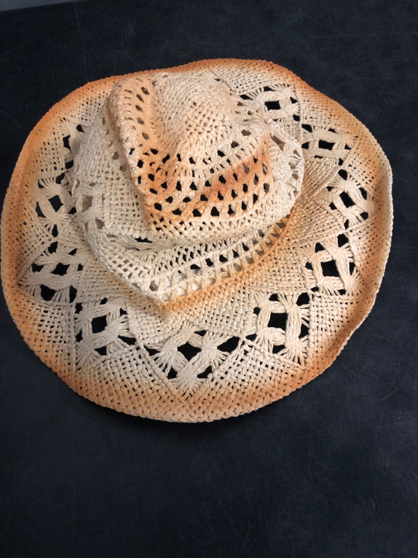 Photo 1 of Straw Cowboy Hats Ventilated Hollow Round Foldable Sun Hats for Women Summer Western Cowgirl Beach Hat Photo Prop
