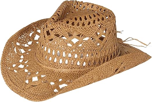 Photo 1 of Straw Cowboy Hats Ventilated Hollow Round Foldable Sun Hats for Women Summer Western Cowgirl Beach Hat Photo Prop
