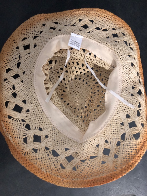 Photo 1 of Straw Cowboy Hats Ventilated Hollow Round Foldable Sun Hats for Women Summer Western Cowgirl Beach Hat Photo Prop
