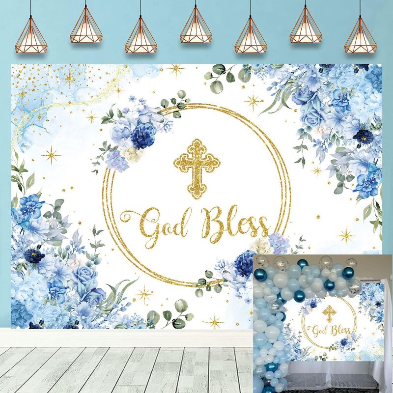 Photo 1 of God Bless Backdrop for Boy First Holy Communion Baptism Background Blue Floral Glitter Christening Party Decorations Banner Newborn Baby Shower Photography Banner (7x5FT: 84x60 inch)
