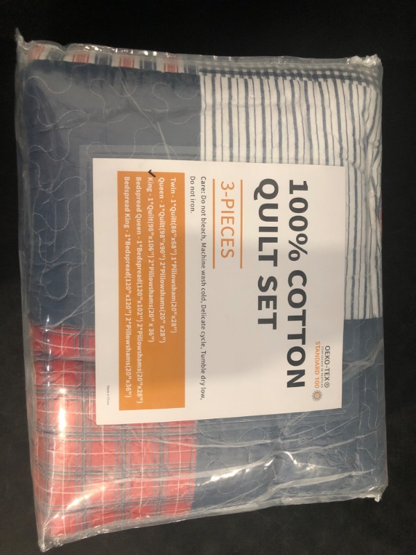 Photo 1 of Y-PLWOMEN Quilt Set, 100% Cotton King Size, Blue Red White Patchwork Plaid, Lightweight Reversible Soft Bedspreads, All Season, 3-Pieces
