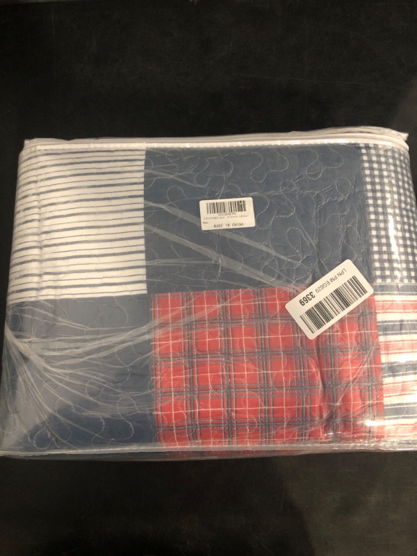 Photo 1 of Y-PLWOMEN Quilt Set, 100% Cotton King Size, Blue Red White Patchwork Plaid, Lightweight Reversible Soft Bedspreads, All Season, 3-Pieces
