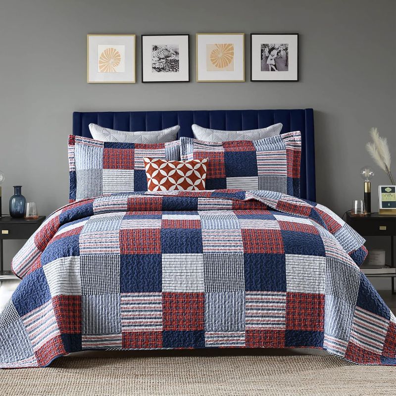 Photo 1 of Y-PLWOMEN Quilt Set, 100% Cotton King Size, Blue Red White Patchwork Plaid, Lightweight Reversible Soft Bedspreads, All Season, 3-Pieces

