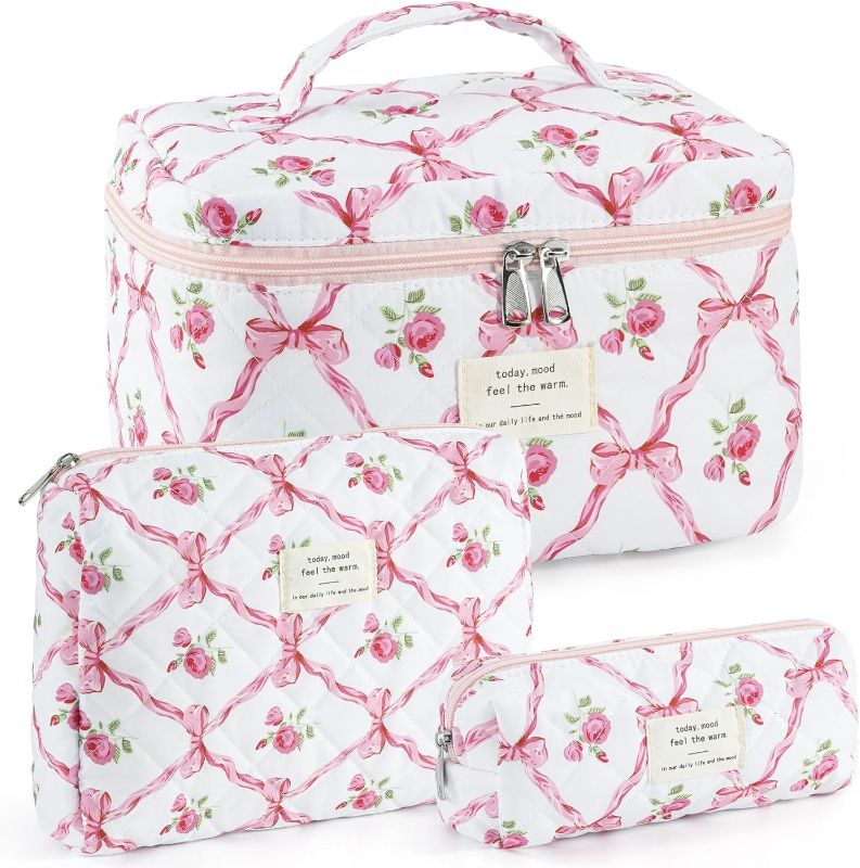 Photo 1 of Makeup Bag for Women 3PCS Quilted Cotton Make Up Bag Travel Cosmetic Bag Large Makeup Bag Set Cute Bow Makeups Organizer Floral Toiletry Pouch for Purse, Pink
