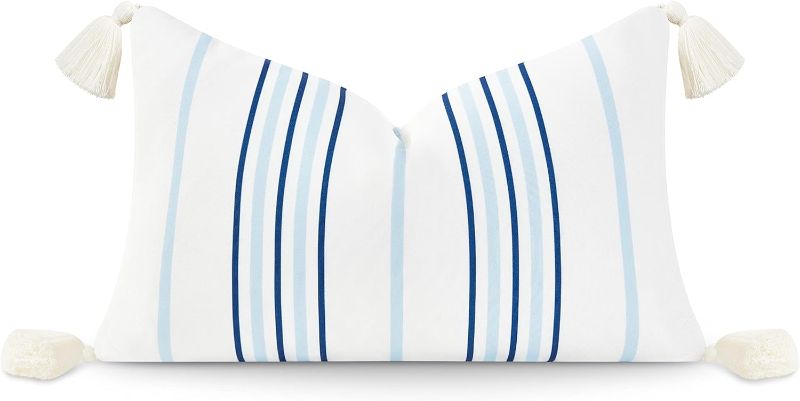 Photo 1 of Hofdeco Premium Coastal Hampton Style Patio Indoor Outdoor Lumbar Pillow Cover Only, 12"x20" Water Resistant for Backyard, Couch, Baby Blue Navy Stripe Tassel
