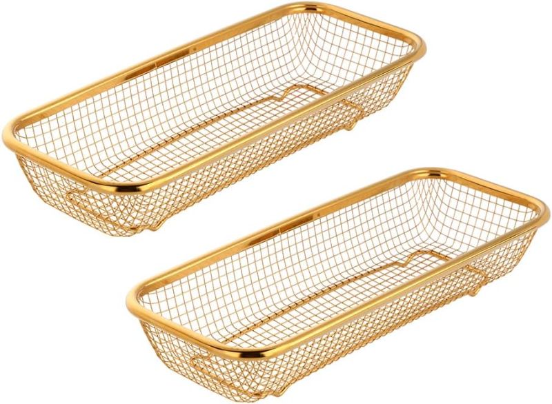 Photo 1 of Kitchen Flatware Drawer Organizer, 2pcs Stackable Mesh Cabinet Storage Basket, Stainless Steel Kitchen Utensils Filter Drying Rack Holder for Knives, Fork, Spoon Chopsticks Gold
