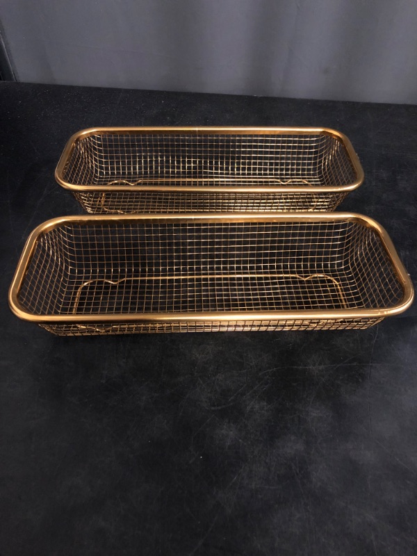 Photo 1 of Kitchen Flatware Drawer Organizer, 2pcs Stackable Mesh Cabinet Storage Basket, Stainless Steel Kitchen Utensils Filter Drying Rack Holder for Knives, Fork, Spoon Chopsticks Gold
