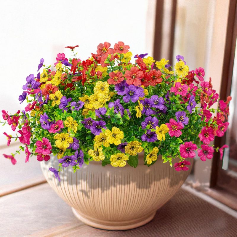 Photo 1 of 16 Bundles Artificial Flowers Outdoor Spring Summer Decoration Fake Silk Colorful Daisy Eucalyptus Realistic UV Outside Faux Plants for Garden Porch Window Box Home Decor(Red Yellow Pink Purple)
