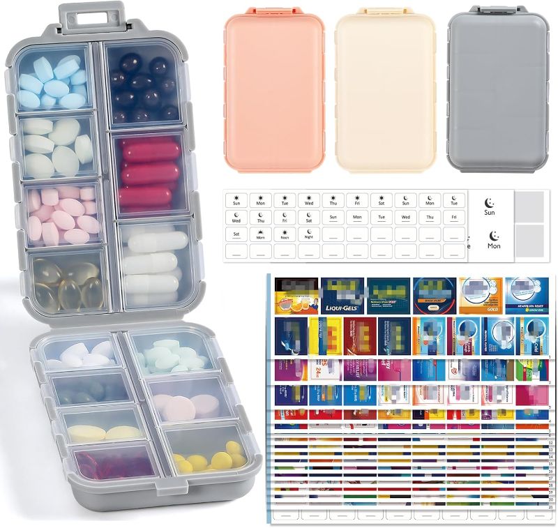 Photo 1 of 3 Pack Travel Pill Organizer with Bulk Stickers & Labels - Small & Portable Week Daily Medicine Pharmacy for Pocket, Bag - 14-Compartment Foldable Supplement Box Holder for Fish Oil Vitamin
