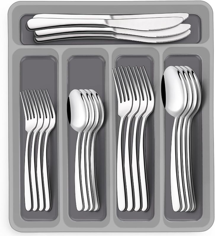 Photo 1 of 40-Piece Silverware Set with Organizer, EWFEN Heavy Duty Stainless Steel Flatware Set for 8, Food-Grade Tableware Cutlery Set, Utensil Sets for Home Restaurant, Mirror Finish, Dishwasher Safe
