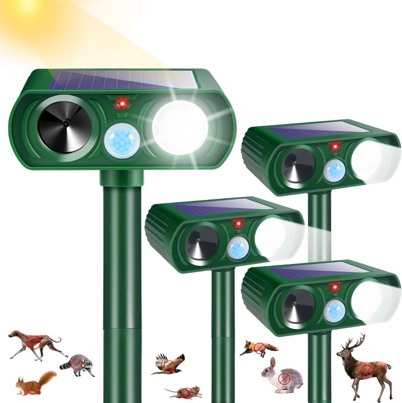 Photo 1 of 4Pack Solar Ultrasonic Animal Repellent Outdoor Deer Repellent Devices with Motion Detection&Flash Light Squirrel Cat Raccoon Rabbit Dog Deterrent,Keep Rodent Chipmunk Squirrel Away for Yard Garden

