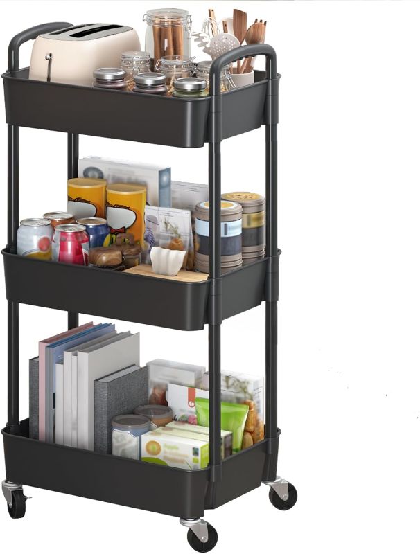 Photo 1 of Sywhitta 3-Tier Plastic Rolling Utility Cart with Handle, Multi-Functional Storage Trolley for Office, Living Room, Kitchen, Movable Storage Organizer with Wheels, Black
