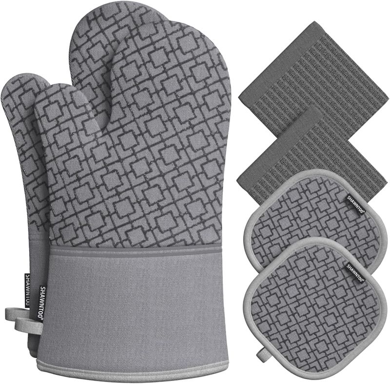 Photo 1 of Oven Mitts and Pot Holders Sets 6pcs, Kitchen Oven Glove,High Heat Resistant 550 Degree Extra Long Oven Mitts and Potholders with Non-Slip Silicone Surface for Apartment Essentials (Grey) (Gray)
