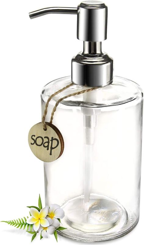 Photo 1 of JASAI 16OZ Cylinder Glass Soap Dispenser with Rust Proof Stainless Steel Pump, Refillable Bathroom Soap Dispenser for Hand Soap, Dish Soap, Liquid Soaps and Kitchen (Clear)
