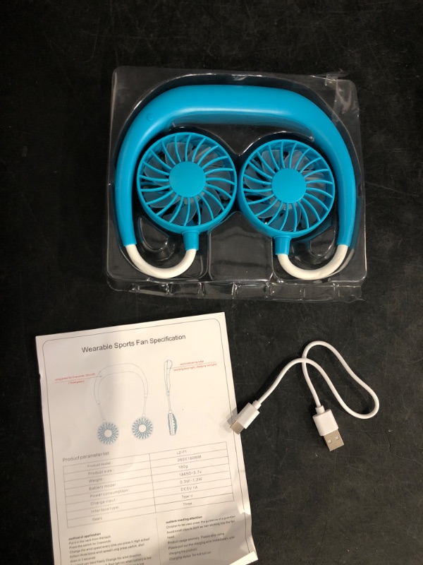 Photo 1 of Portable Neck Fan Rechargeable Personal Hand-Free Fan Mini USB Wearable Neckband Sport Fan, 3 Speed Adjustable, 360 Degrees Free Rotation Perfect for Working, Traveling, Office, Reading (Blue)
