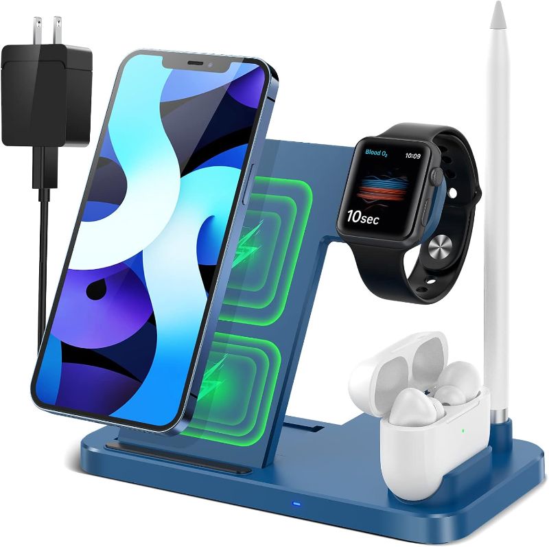 Photo 1 of 4 in 1 Wireless Charging Station,2021 Upgraded Fast Charging Dock Stand for iWatch Series 7/6/SE/5/4/3/2, AirPods & Pencil, Compatible with iPhone13/12Pro/11/XS/XR/8/Samsung