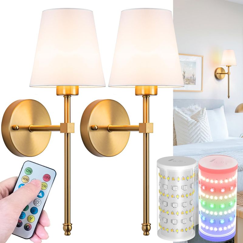 Photo 1 of Wall Sconces Set Of Two Battery Operated, Wireless Sconces Wall Lighting Indoor Battery Operated Sconces With Remote Control, 10000mAh RGB Dimmable Rechargeable Wall Sconce For Bedroom, Including Bulb
