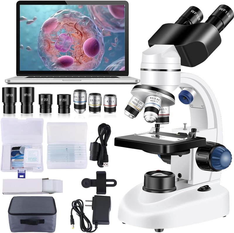 Photo 1 of Microscope for Adults WF10x and WF25x eyepieces, 40X-2000X Magnification USB Camera, Microscope for Adults Suitable for Laboratory School Home Education.
