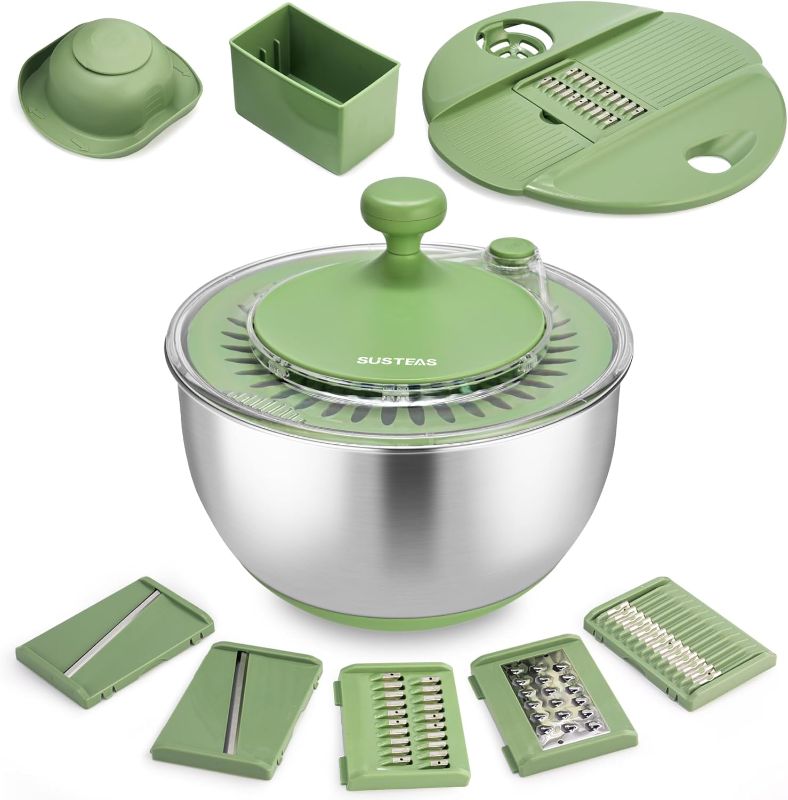 Photo 1 of SUSTEAS Stainless Steel Salad Spinner Large, Vegetables Wash Bowl, Fruits & Herb Lettuce Dryer with 5 Blade Slicer Egg Yolk Strainer Shredder for Efficient Salad Preparation and Food Washing, 4.25Qt
