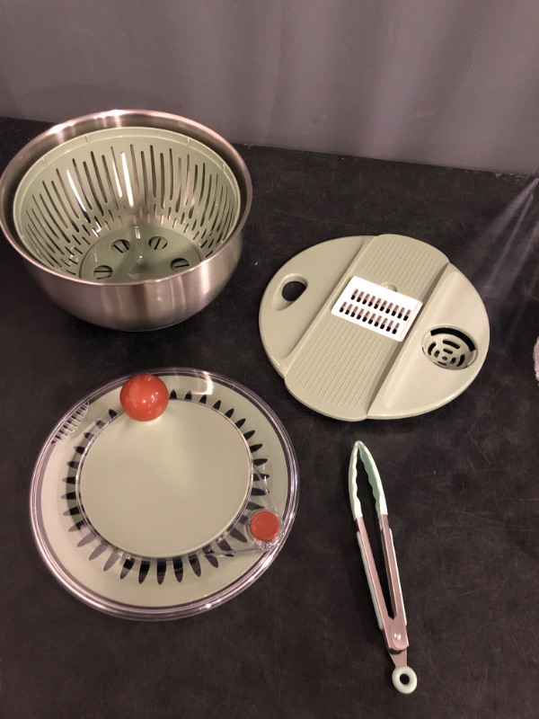 Photo 1 of SUSTEAS Stainless Steel Salad Spinner Large, Vegetables Wash Bowl, Fruits & Herb Lettuce Dryer with 5 Blade Slicer Egg Yolk Strainer Shredder for Efficient Salad Preparation and Food Washing, 4.25Qt
