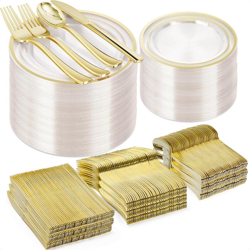 Photo 1 of BESTVIP 600PCS Clear Gold Plastic Plate Set (100 Guests), Plastic Plates for Party Wedding Birthday, Disposable Dinnerware Set of 200 Plates, 200 Forks, 100 Spoons, 100 Knives for Christmas