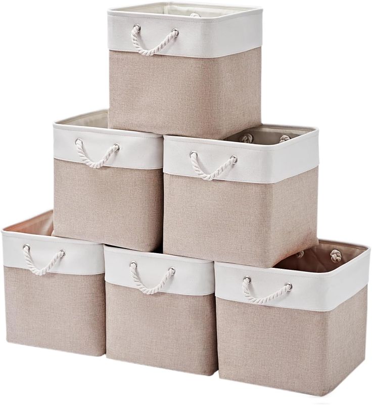 Photo 1 of 13 x 13 Inch Storage Cubes?6 Pack Cube Storage Bins for Shelves?Fabric Collapsible Storage Bins with Handles, Foldable Storage Basket for Organizing Clothes, Toys, Books (White&Beige)

