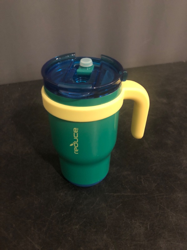 Photo 1 of REDUCE 14 Oz Coldee Kids Tumbler with Lid and Straw - Coldee Insulated Travel Mug - Spill-Proof, Sweatproof Stainless Steel, BPA-Free - Includes Handle, Reusable Silicone Straw - Camp Green
