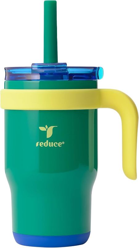 Photo 1 of REDUCE 14 Oz Coldee Kids Tumbler with Lid and Straw - Coldee Insulated Travel Mug - Spill-Proof, Sweatproof Stainless Steel, BPA-Free - Includes Handle, Reusable Silicone Straw - Camp Green
